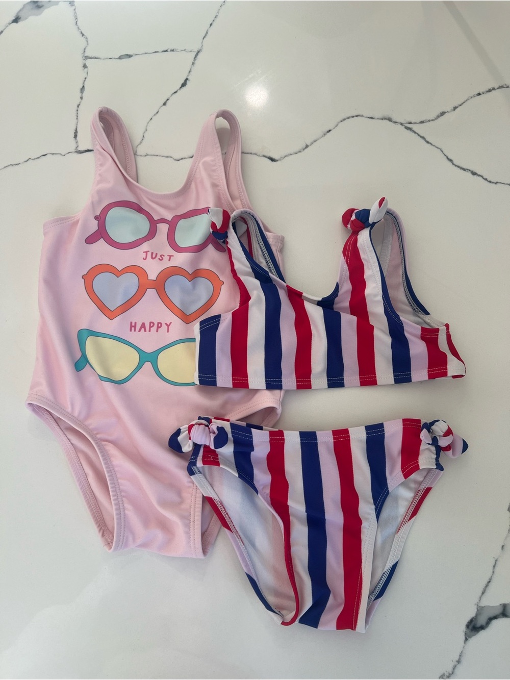 Old Navy Pink One-Piece with Red, White & Blue Striped Bikini Set